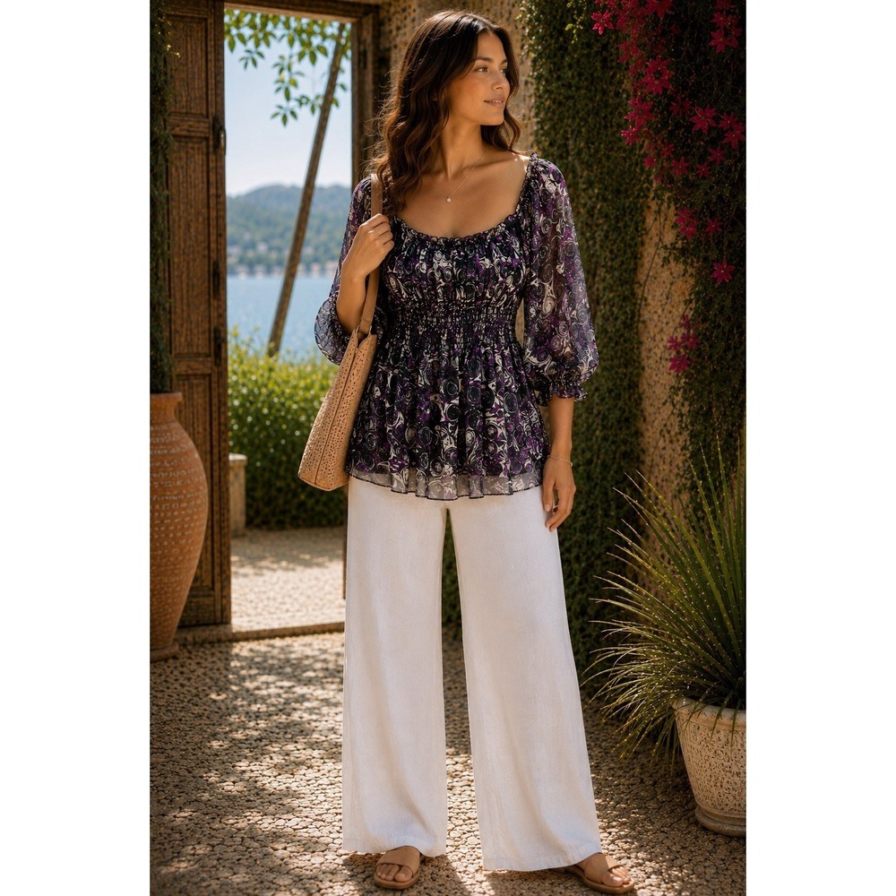 MAX Studio Sheer Boho Peasant Blouse Medium Purple Black Smocked Chiffon RR36